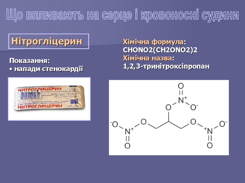 Що впливають на серце і кровоносні судини Нітрогліцерин  Показання:   напади стенокардії